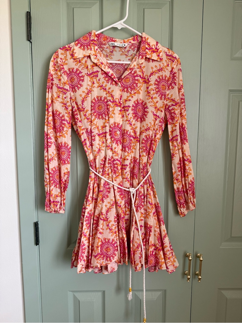 Zara Cream and Pink Floral Mini Shirt Dress with Tie